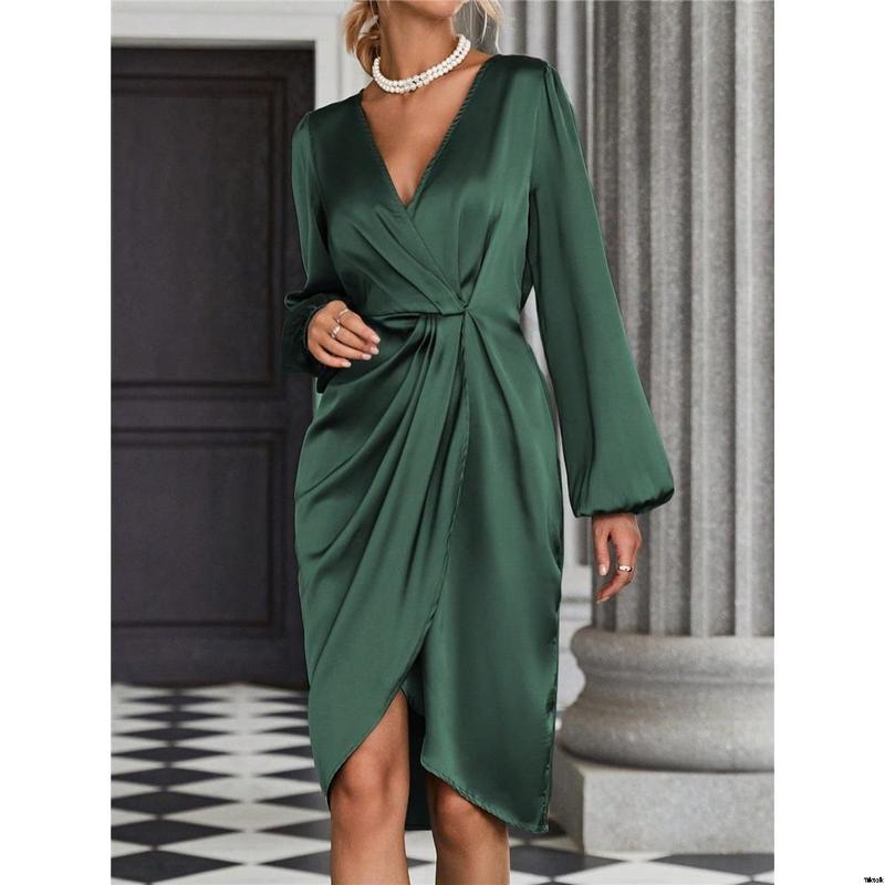 Dress satin hem body sleeve wrap lantern Clasi SHEIN