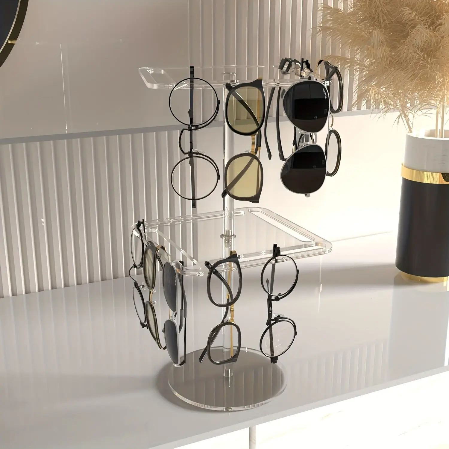 Rotating Acrylic Sunglasses Display Stand, Racks, Dual Layer Desktop Eyewear Organizer, Stylish Clear Acrylic Storage Solution for Glasses, Modern Design