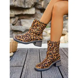 Women's Leopard Print Ankle Boots, New Style Thick Heel Slip-On Booties, Lightweight Trendy Wide Calf Fashion Footwear