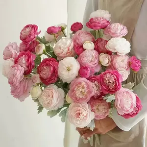 3 Bouquets Flocked Lotus & Peony Artificial Flowers (9 Stems Total) - Large Lifelike Bouquets for Bridal Handheld, Home, Hotel, Cafe & Holiday Decor