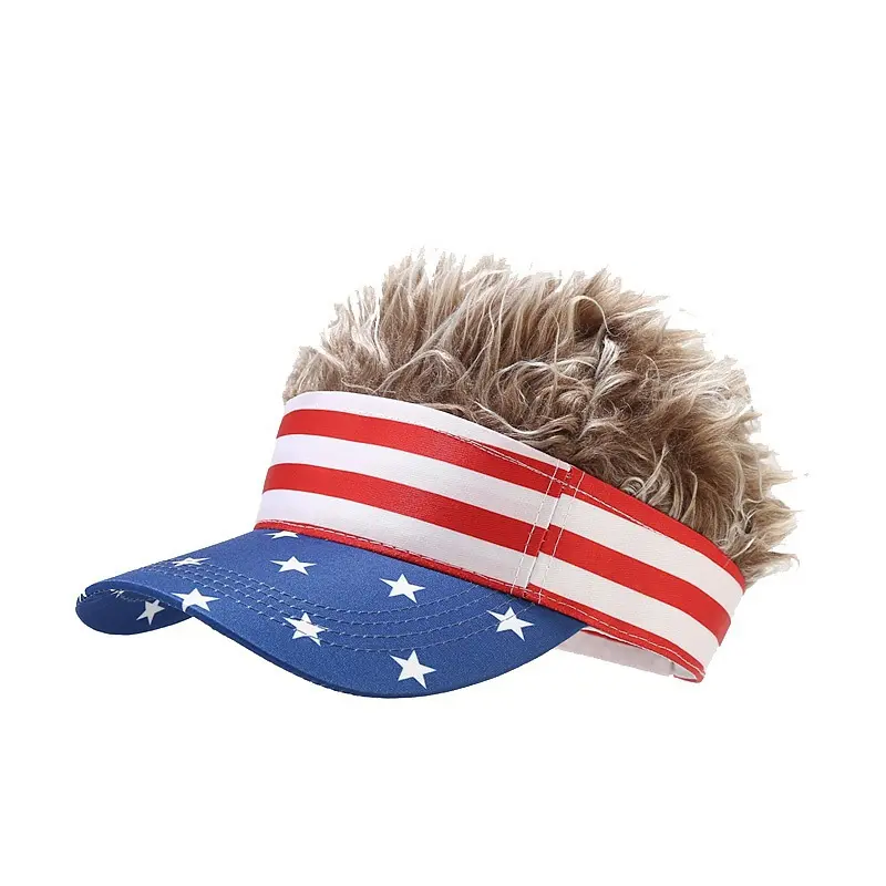 Patriotic USA Flag Novelty Sun Visor Hat with Fake Hair Wig Cap for 4th of July, Halloween Party Favors