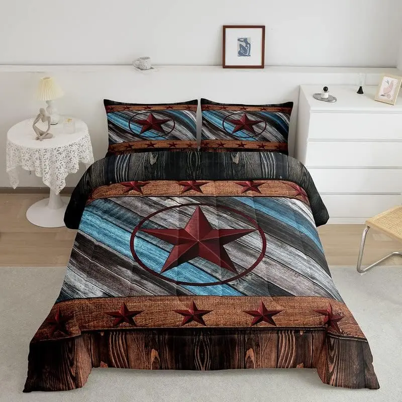 Feelyou Quilt Bedspread Set - Queen Size Western Decor, Soft Cozy Aesthetic Rustic Texas Star & Wood Boards Pattern, Breathable Dual Microfiber, Multi-Size Option, RV-Ready Bedding for RVs & Dorms Farmhouse Bed Setup