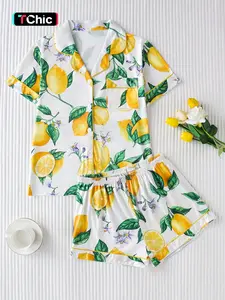 Women's Lemon Printed Sleepwear, Loungewear Set, Collared Button Short Sleeve Top & Loose Comfortable Shorts, Elegant Ladies' Pajama Set