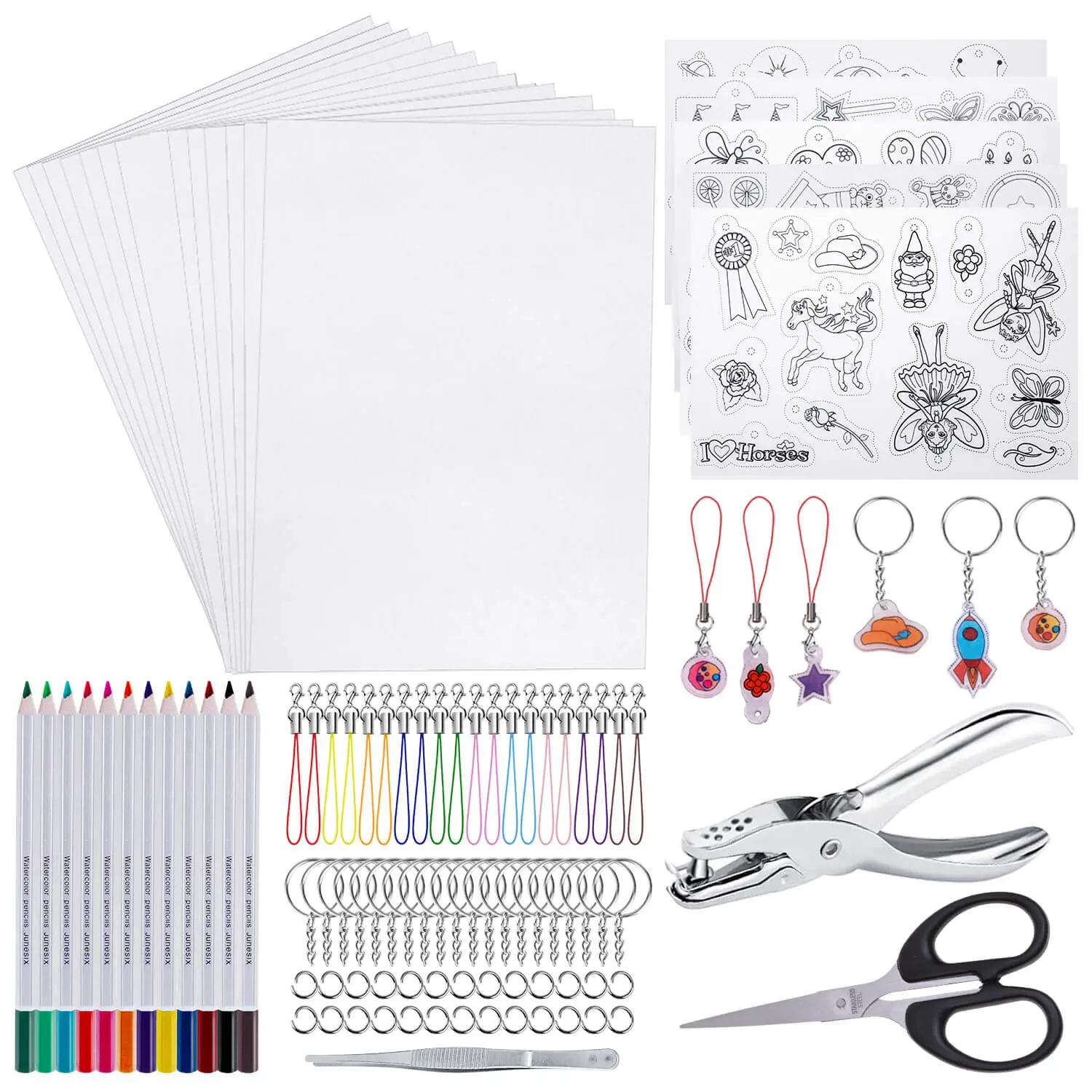 125 PCS Shrink Plastic Sheet Kit, Including 20 pcs Shrink Art Paper, Hole Punch, Pencils, Keychains, Tweezers and Scissors for Crafts and Keychains