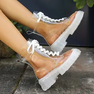 zhicheng-709 Women's Transparent Chunky Mid-Heel Ankle Boots - Round Toe Lace-Up Faux Cover Upper with Thick Rubber Sole, All-Season Versatile Casual & Dressy Boots for Women (Extended Sizes Available)