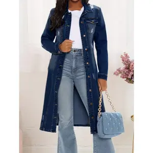 Women'S Fashion Spring Button Midi Long Denim Jean Jacket Trench Coat