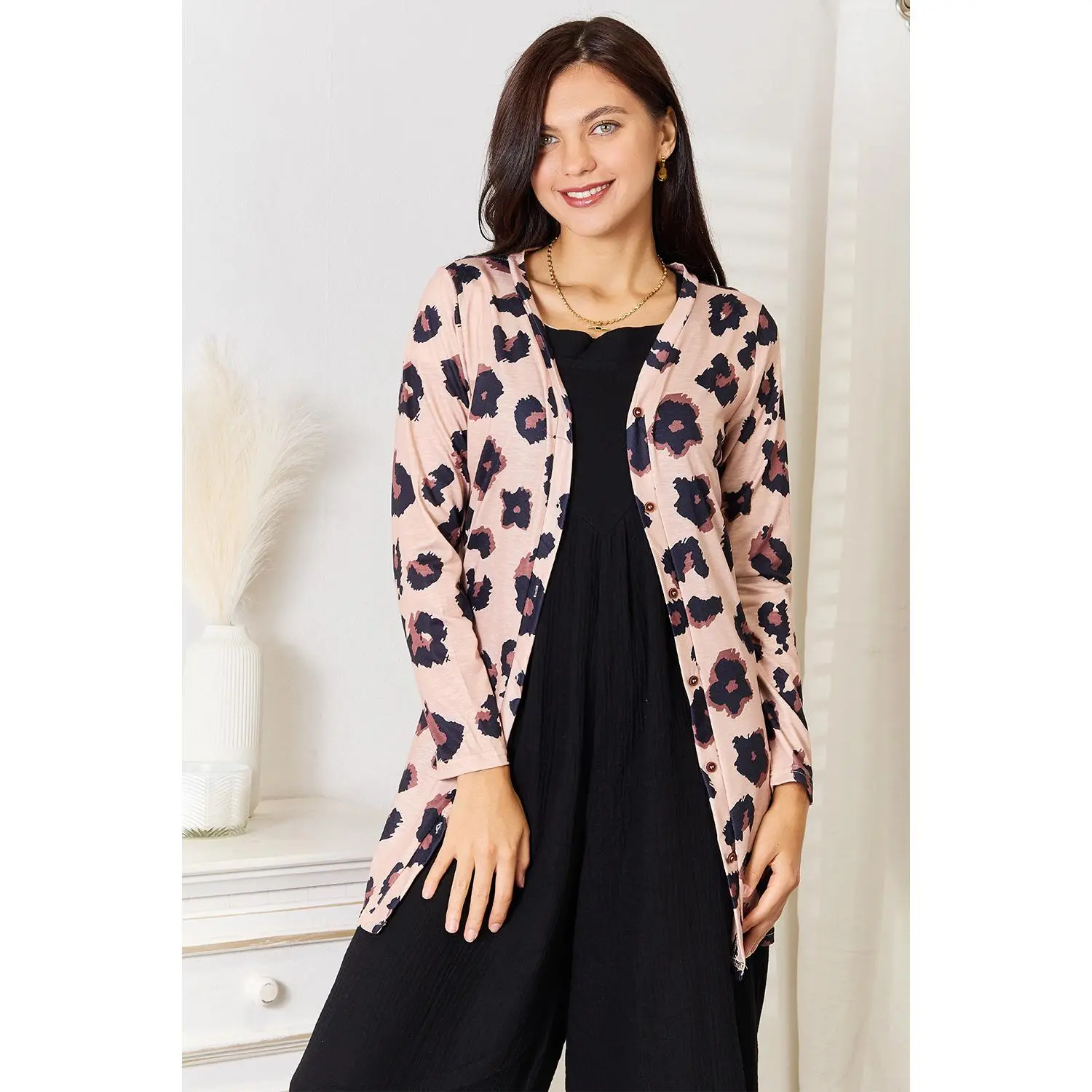 Double Take Printed Button Front Longline Cardigan