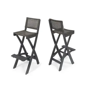 Set of 2 Dark Gray Folding Barstools 15*22*41.75 Inch Solid Acacia Wood Frame Handwoven PE Rattan Seat Backrest 31.5 Inch Seat Height Weather Resistant No Assembly Required Foldable Design for Patio Outdoor Bar Bistro