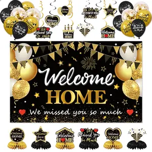 30PCS Welcome Home Decorations Black and Gold Banner Balloons Swirls Centerpieces for Homecoming Military Return