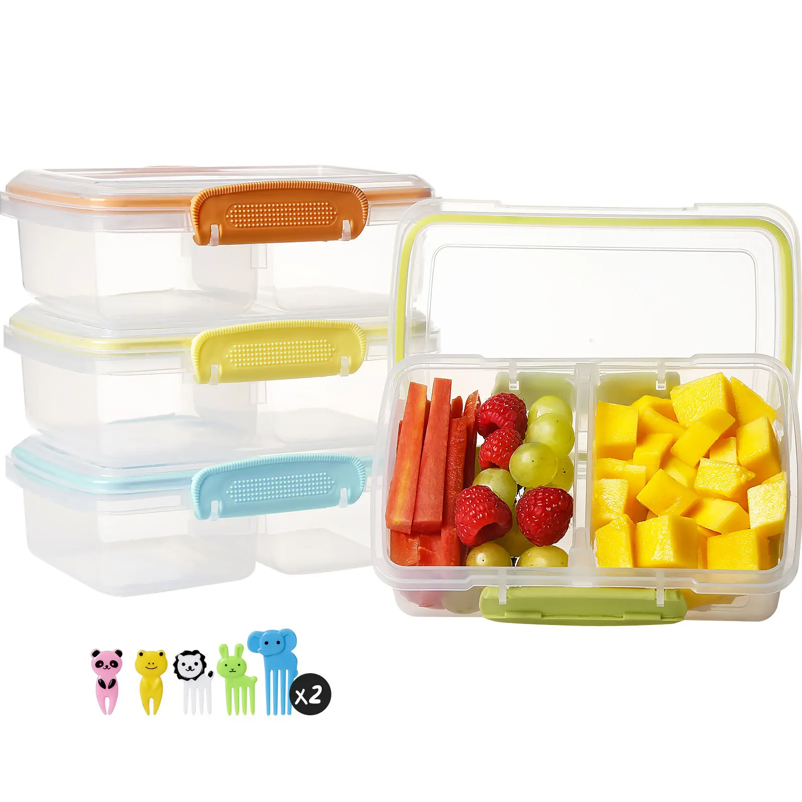 Greentainer 4-Pack Animal Tableware Travel Lunchboxes - Portable 2-Compartment BPA-Free Polypropylene Bento Boxes with Lids, Cute Forks for Kids' School & Food Storage, Snackbox Container, Travel Lunchbox