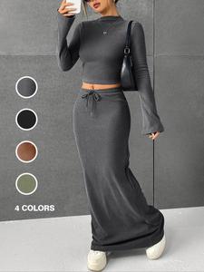 women's two-piece set long sleeve top & drawstring skirt, lady casual fitted crop length, fall winter fashion, plain color