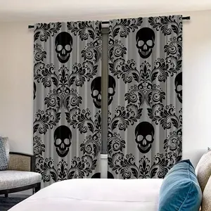 Skull Print Curtains Set of 2, Window Decorations with Rod Pocket Design, Ideal for Living Room Bedroom Office Kitchen Vacation House, Home Decoration Curtain
