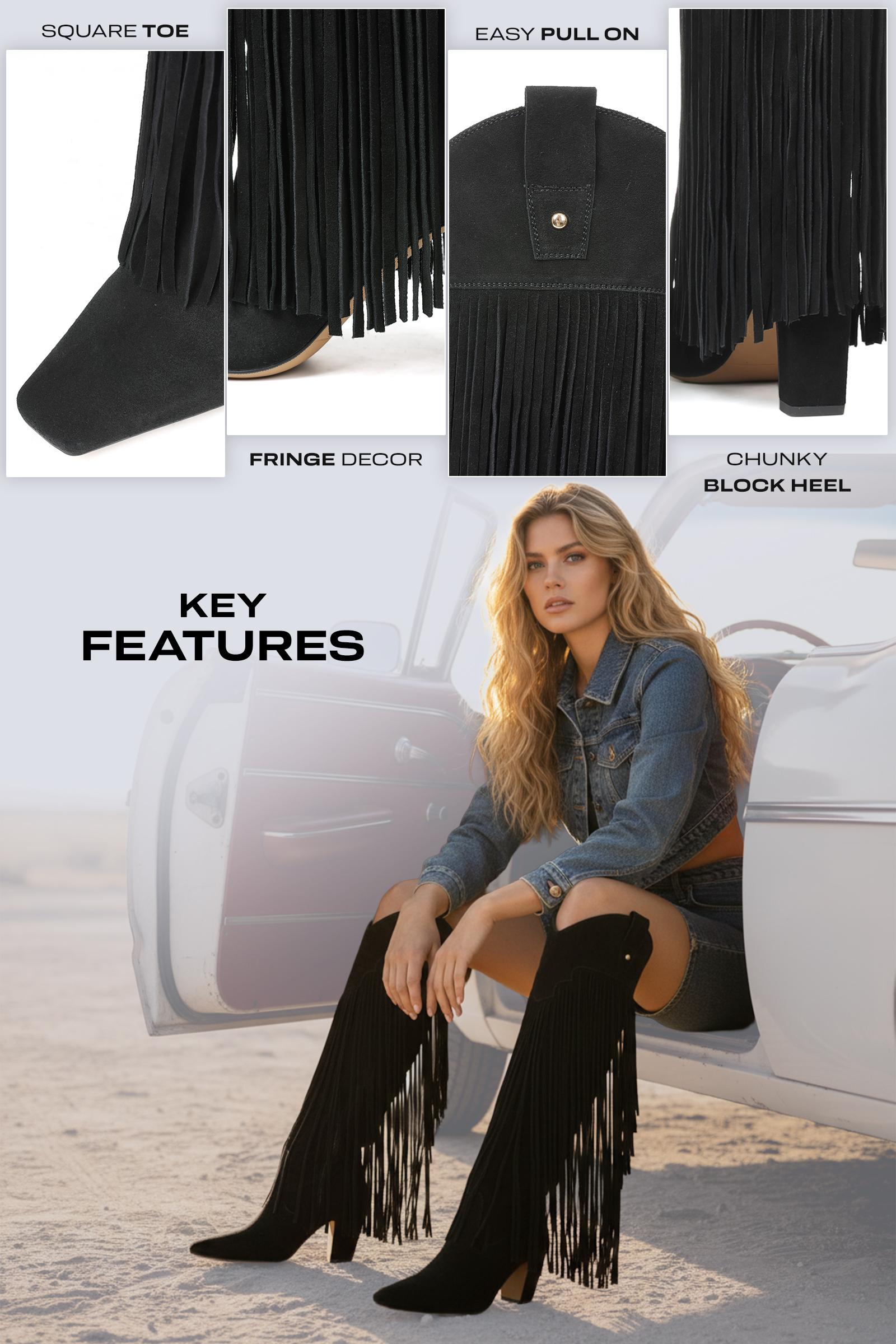 CELNEPHO Women Cowboy Boots Square Toe Knee High Fringe Boot Easy Pull on Tabs Metal Studs Western Design Cosplay Wear Party Horse Riding Country Wedding Dress Shoes