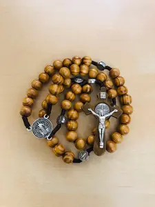 Rosary Handmade Olive Wood Rosary, Saint Benedict Rosary Necklace Cross Jerusalem Rosary