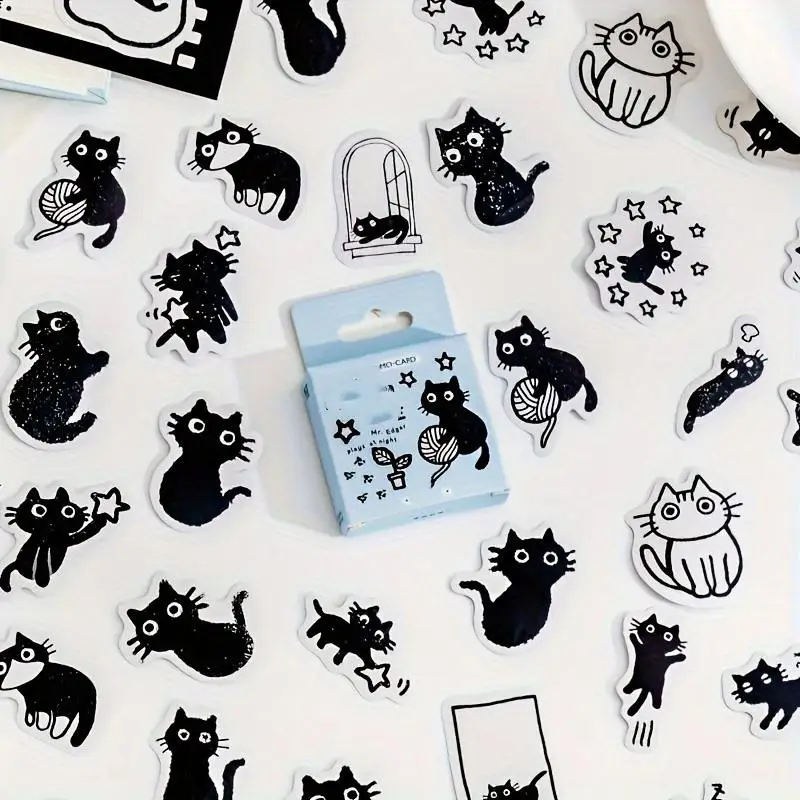 Cute Cartoon Cat Pattern Sticker, 45pcs/Box Self Adhesive Decor Paper, DIY Decorative Sticker for Gift Greeting Card Water Bottle Laptop Phone, School