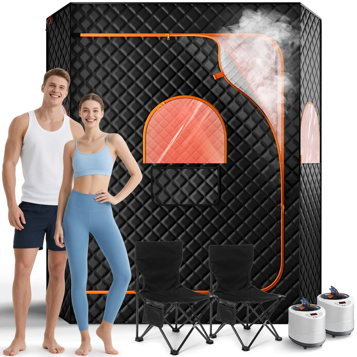 2 Person Extra Large Sauna Tent, Caveen Portable Steam Sauna Box with 2 Steamers, 2 Folding Chair, Timer Remote Control, 74"H x 69"W x 32.5"D