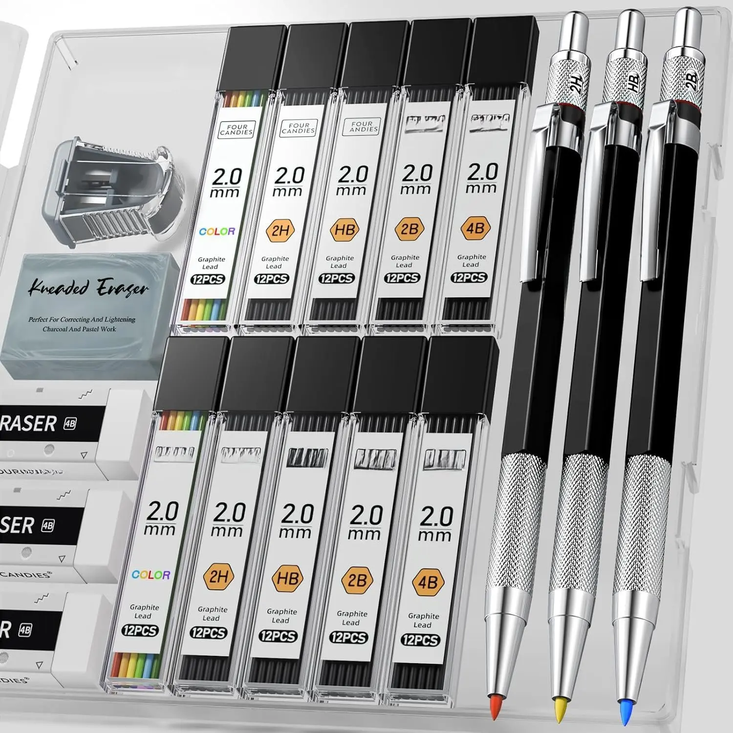 3 count 2MM Mechanical Pencils with case, Artist Led Pencil Metal Lead Holder with 120 Graphite Lead Refills(HB 2H 2B 4B Color), 4 Erasers, Sharpener, Drafting Pencil for Drawing, Sketching