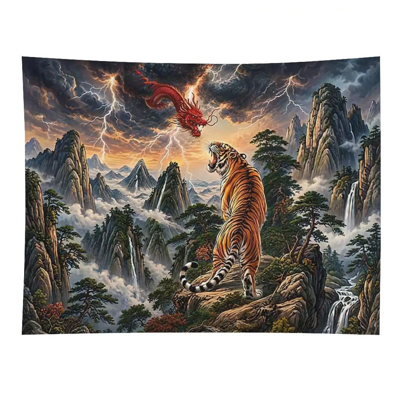 Dragon Tiger Battle Tapestry Chinese Mountain Lightning Fantasy Wall Hanging Decor