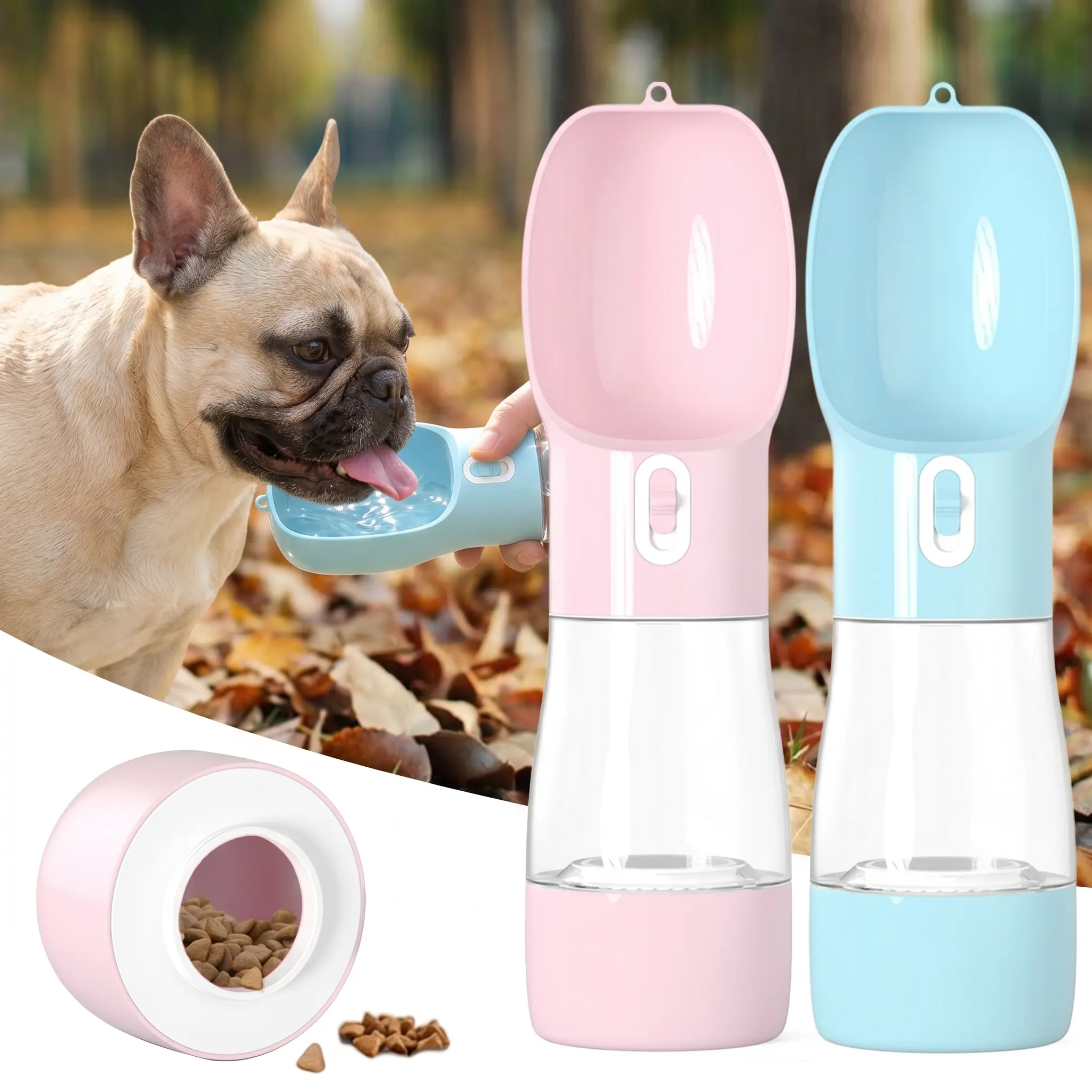 Dog 2-in-1 Water & Food Dispenser, Leakproof Seal Mess-Free Portable Pet Travel Container, 258ml Water 200g Dry Food Segmented Feeder, 1-Handed Operation Push Button Control, Lightweight Strapped Cup (Pink, Blue), 2-In-1 Segmented Feeder