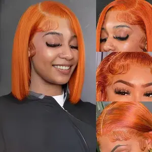 Ginger Bob Wig Human Hair 180% Density Ginger Lace Front Wigs Human Hair Pre Plucked Straight 13x4 HD Lace Frontal Wig Colored #350 Orange Bob Wigs