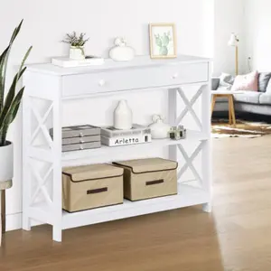 JupiterForce 3 Tier X Shaped Entryway Console Table with Storage Drawer Multipurpose White