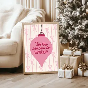 1pc Frameless Shine Bright Season Print, Pink Christmas Decor Wall Art With Fun Holiday Quote, Whimsical Festive Poster, Glam Christmas Design For Living Room, Bedroom, Dorm |     Holiday Gift, Room Decor, Funky Posters, Wall Prints, Decoration Bedroom