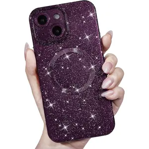 for iPhone 13 Mini Case Glitter Compatible with Magsafe, Girly Cute Sparkly Magnetic Mag Safe Pretty Phone Case for Women, Bedazzled Bling Sparkle Slim Bright Silicone Rubber Jelly, Deep Purple