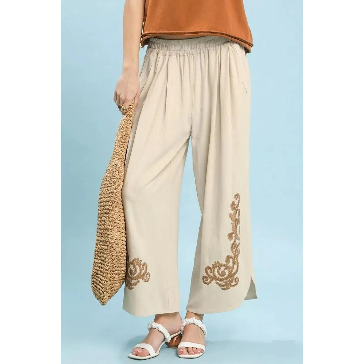Umgee Linen Embroidered Wide-Leg Boho Pants