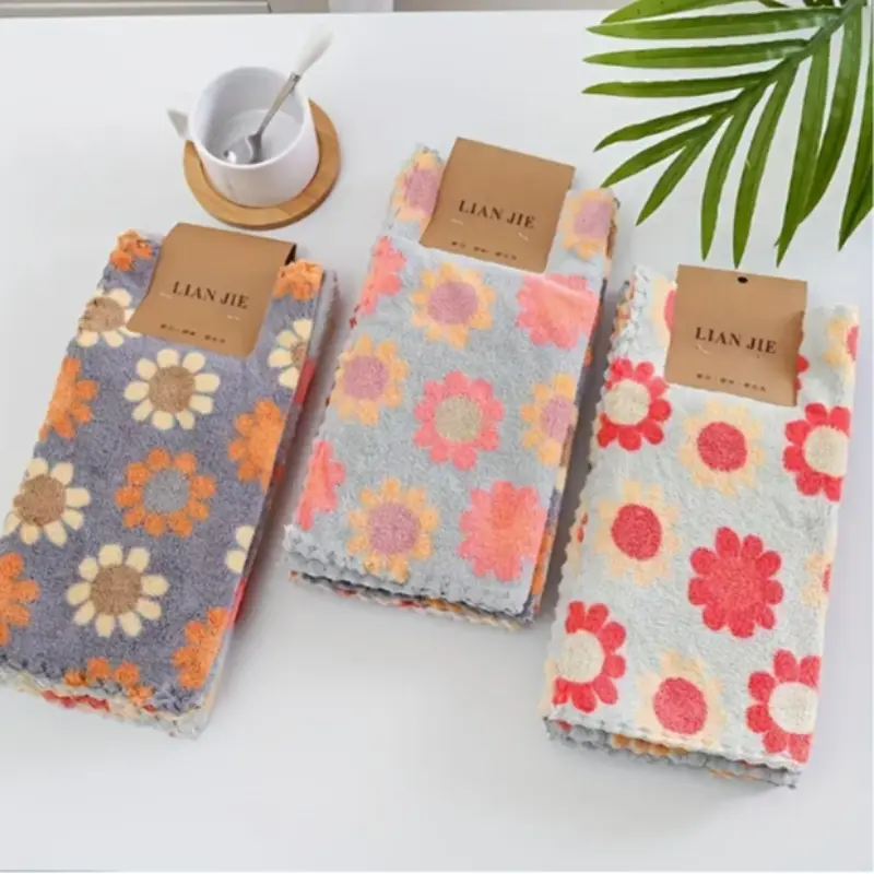 6 Pack Sunflower Floral Print Towels, Soft Fluffy Coral Fleece Kitchen Cloths, Quick-Dry Absorbent Dish Drying Towel, Cute Home Cleaning Wipes, Kitchen Linens