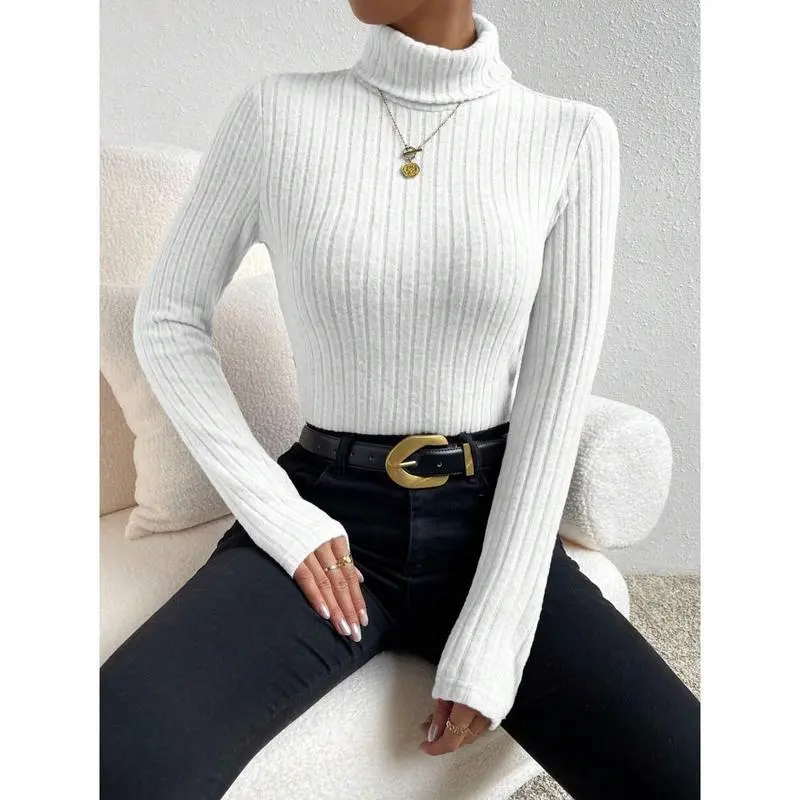 Women's Casual White Turtleneck Rib-Knit Stretchy Slim-Fit Long-Sleeve Pullover Top for Sports & Outdoor Activities