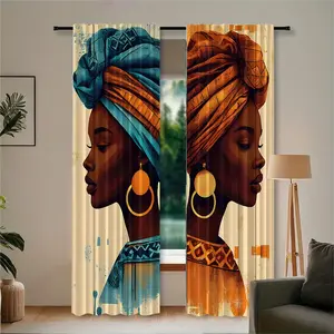 2 pieces of African female-themed printed curtains, made of polyester with semi-transparent texture, machine washable, suitable for bedrooms, living rooms and home decoration curtains.