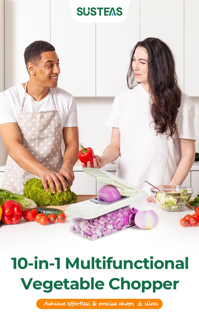 Simplify meal prep with our 8-piece multifunctional chopper set. It features a slicer and container for an efficient, all-in-one kitchen solution.