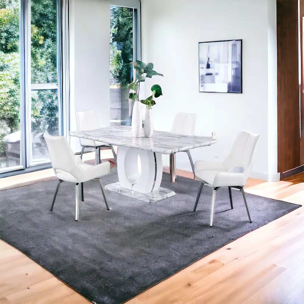 Stanning Marble dining set with side table. This set comes with 6 pieces, a table, 4 chairs and a side table.