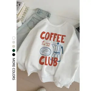Women's 'coffee Club' Printed Crew Neck Sweatshirt, Thick Casual Long Sleeve Pullover for Fall & Spring, Comfortable Home Wear