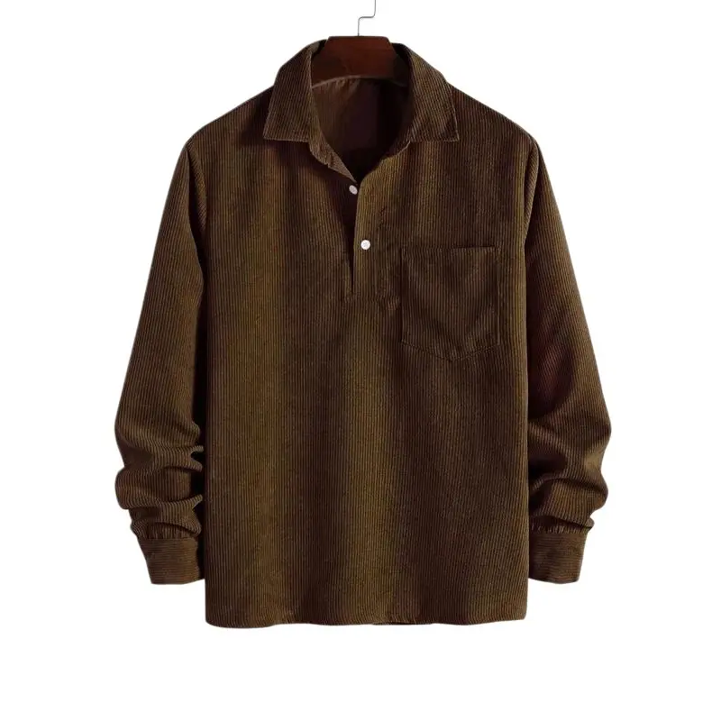 Men’s Corduroy Long Sleeve Half-Button Collared Shirt - Textured Woven Fabric, Patch Pocket, Regular Fit, Stylish Tops for Fall, Winter Daily Wear