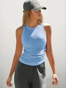 Women's Casual Breathable Comfortable Sleeveless Vest, Side Elastic Band Design, Fitted Knit Fabric for All Seasons