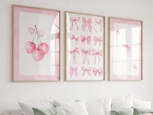 Pink Girly Bows Wall Art Set of 3, Nursery Print Grandmillenial Coquette Aesthetic decor, Watercolor Bows Print, Digital, Printable, Framed