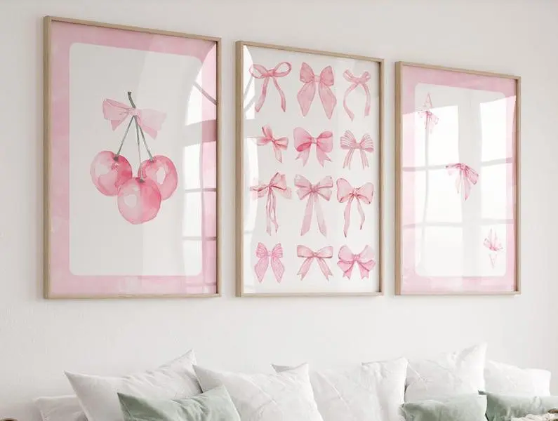 Pink Girly Bows Wall Art Set of 3, Nursery Print Grandmillenial Coquette Aesthetic decor, Watercolor Bows Print, Digital, Printable, Framed