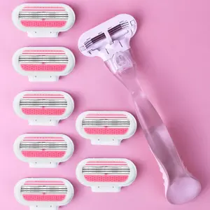 1 Handle+8 Blades/ Women Bikini Manual Razor Blade Hair Removal Shaving Body Care Smooth 3-Layer Stainless Steel Blade Replaceable Pink Shaver Head