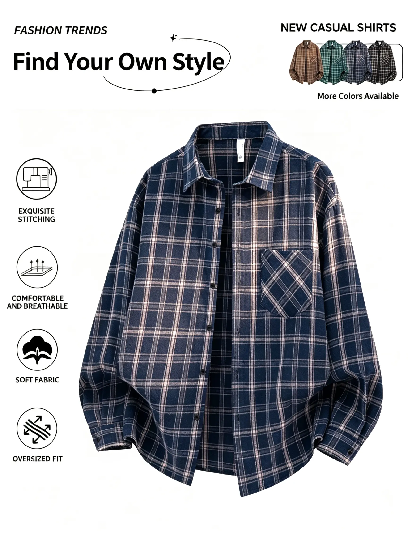 Men's Vintage Plaid Flannel Shirt - Baggy Oversized Relaxed Fit Button-Down, Long Sleeve Streetwear Casual Top with Chest Pocket, Premium Fabric, Button Up, Machine Washable, 72.3% Polyester, 23.6% Cotton, 4.1% Other Fibers