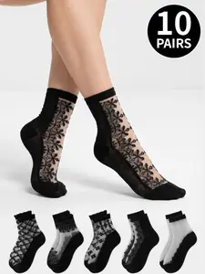 10 pairs of women's vintage lace-print sheer knee-high socks—stylish, casual, comfortable, and breathable for all seasons, perfect for everyday wear
