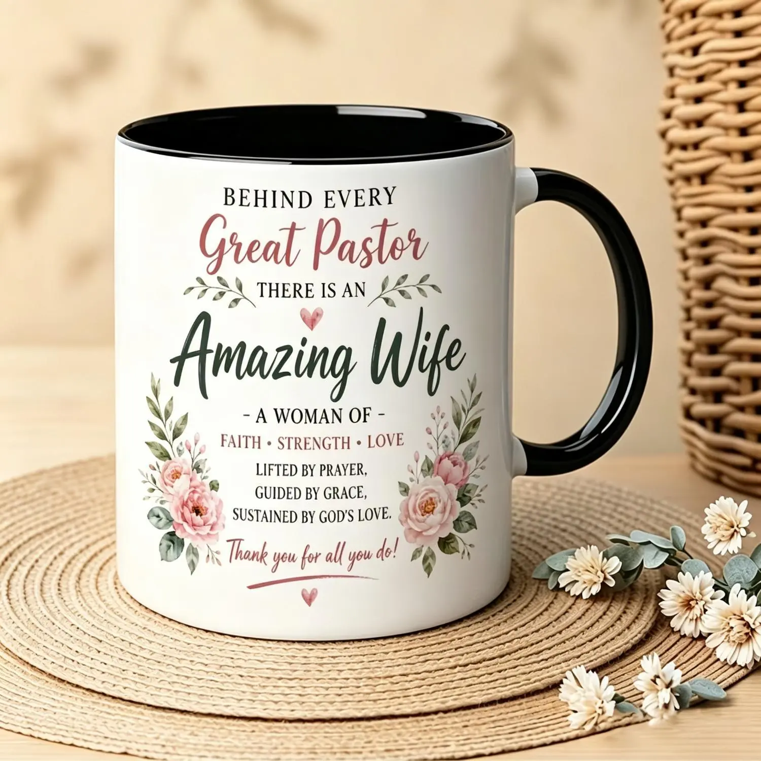 Heartfelt Pastor's Wife Faith Quote Ceramic Mug 11oz Floral Watercolor Coffee & Tea Cup with Verse Design Gift Suitable for Wife Mother's Day Christmas, Birthday Present for Daily Use or Church Events