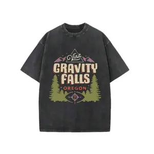 Retro Effect, Gravity Falls Welcome To Gravity Falls Logo Graphic Adult Men's T-Shirt,230g Washed T-Shirt, Summer Cotton Streetwear Top T-Shirt