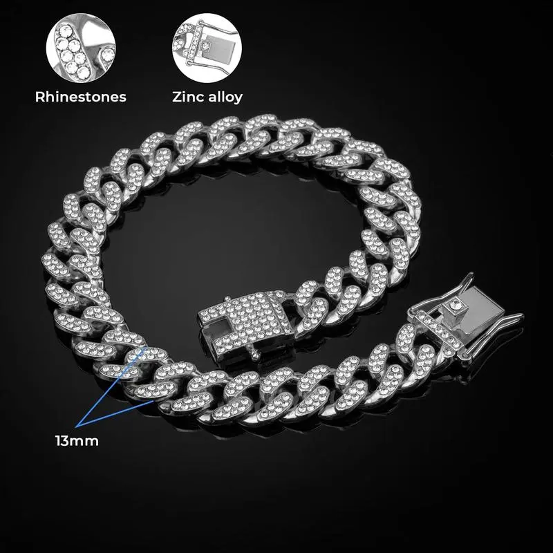 16-inch Length 13mm Width Silver Cuban Link Dog Collar - Durable Zinc Alloy, Bling Rhinestones, Zirconia Decor, Lightweight, Comfortable Wear, Secure Fit Pet Neck Accessory for Small-Medium Dogs (Ideal for Birthdays), Rhinestone Decorated