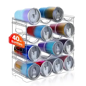 Large Compartment Water Bottle Organizer,4 Tier Stackable Water Bottle Rack for Cabinet,Tumbler Storage Organizer for Kitchen,Fridge,Cabinet Organization and Storage,Clear Water Bottle Storage Rack,4 tier storage shelf