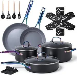 Ammeloo 17 Pcs Ceramic Cookware Set, Induction Pots and Pans Set Non Stick, Premium Colored Stay Cool Handle, Non Toxic PFOA PFOS Free, Oven Safe & Compatible with All Stovetops, Black