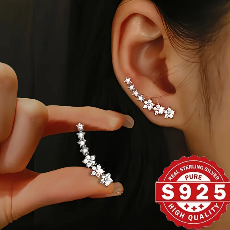 Women's 925 Silver-Plated Pearl Crawler Earrings with Sterling Silver Post - Elegant French Retro Western Style, Metal Coating, Daily All-Season Costume Jewelry, Versatile All-Season Jewelry, All Seasons