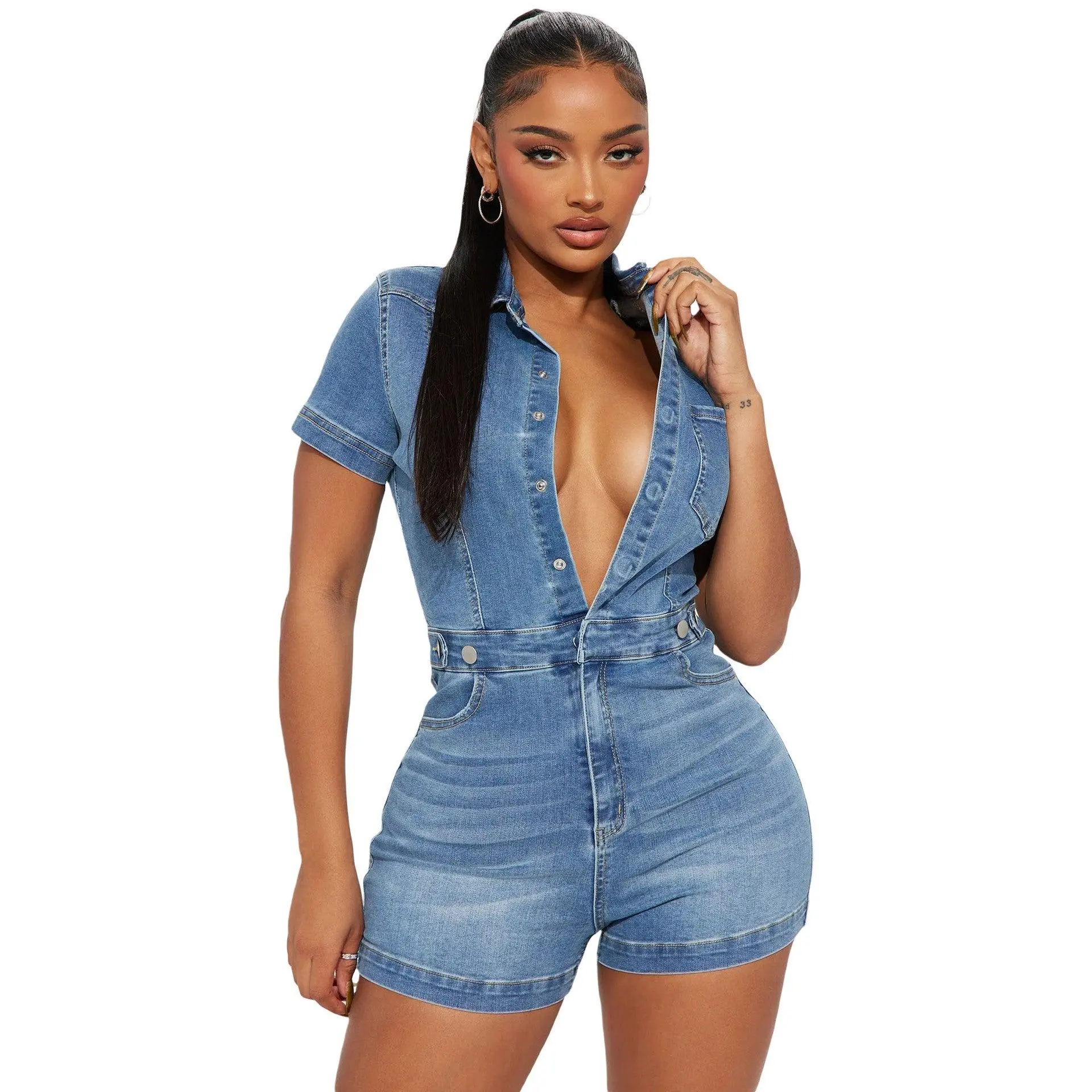WOMEN FASHION DENIM SHORT SLEEVES ROMPER