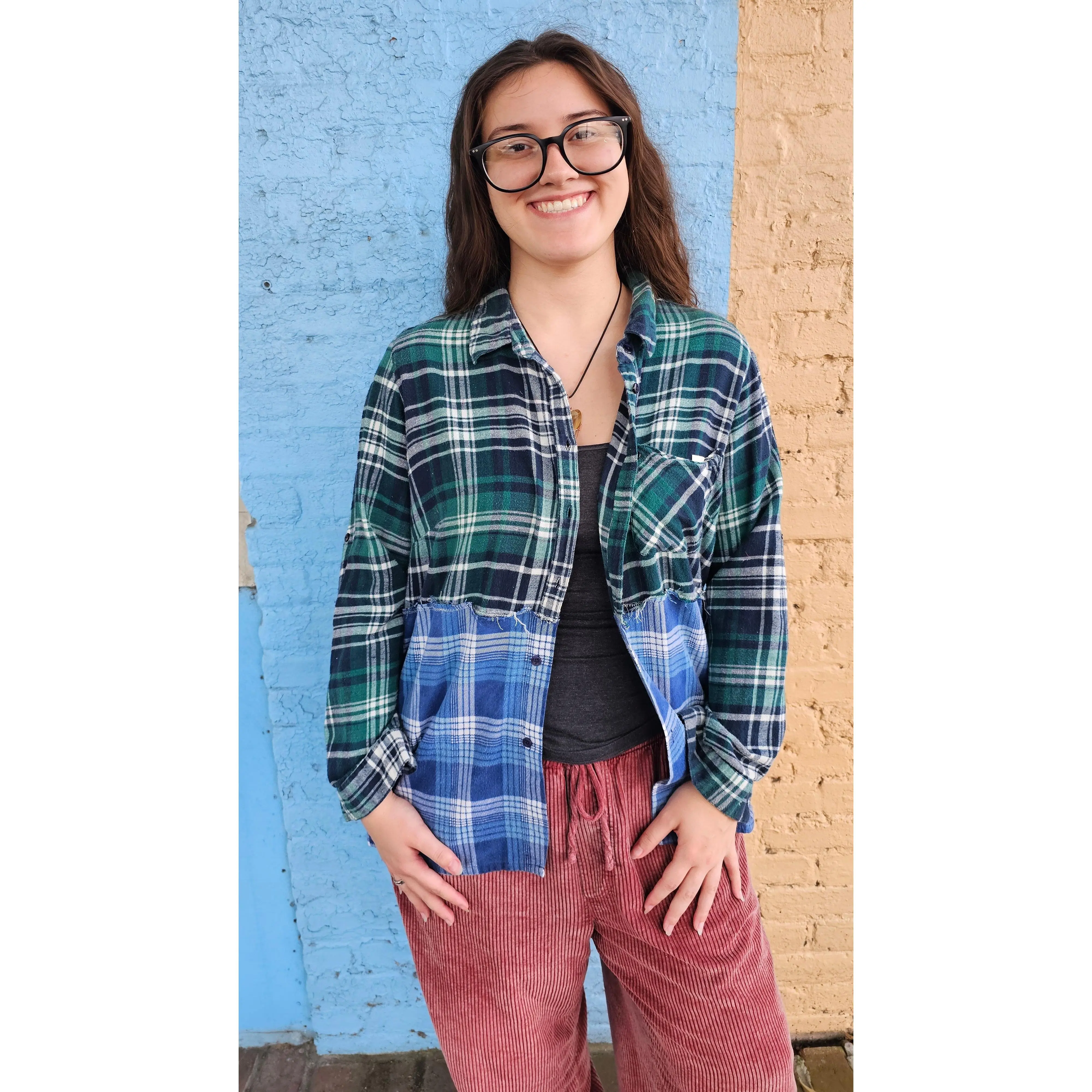 Riverbend Split Flannel (Large) – One-of-a-Kind Upcycled Patchwork#1409