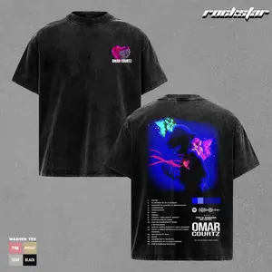 Oversized Graphic T-Shirt & Washed TeeOmar Courtz Por Si Mañana No Estoy Album - Heart Design Front with Full Tracklist Neon Art Print on Back, Premium Soft Cotton Unisex Streetwear Tee Comfortable Casual Wear